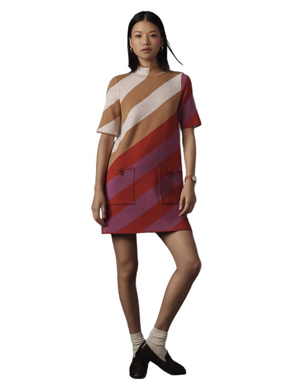 🤎🩷❤️ Maeve "Annalise" Mock-Neck Mini Sweater Dress - Honey Stripe Sz S ❤️🩷🤎